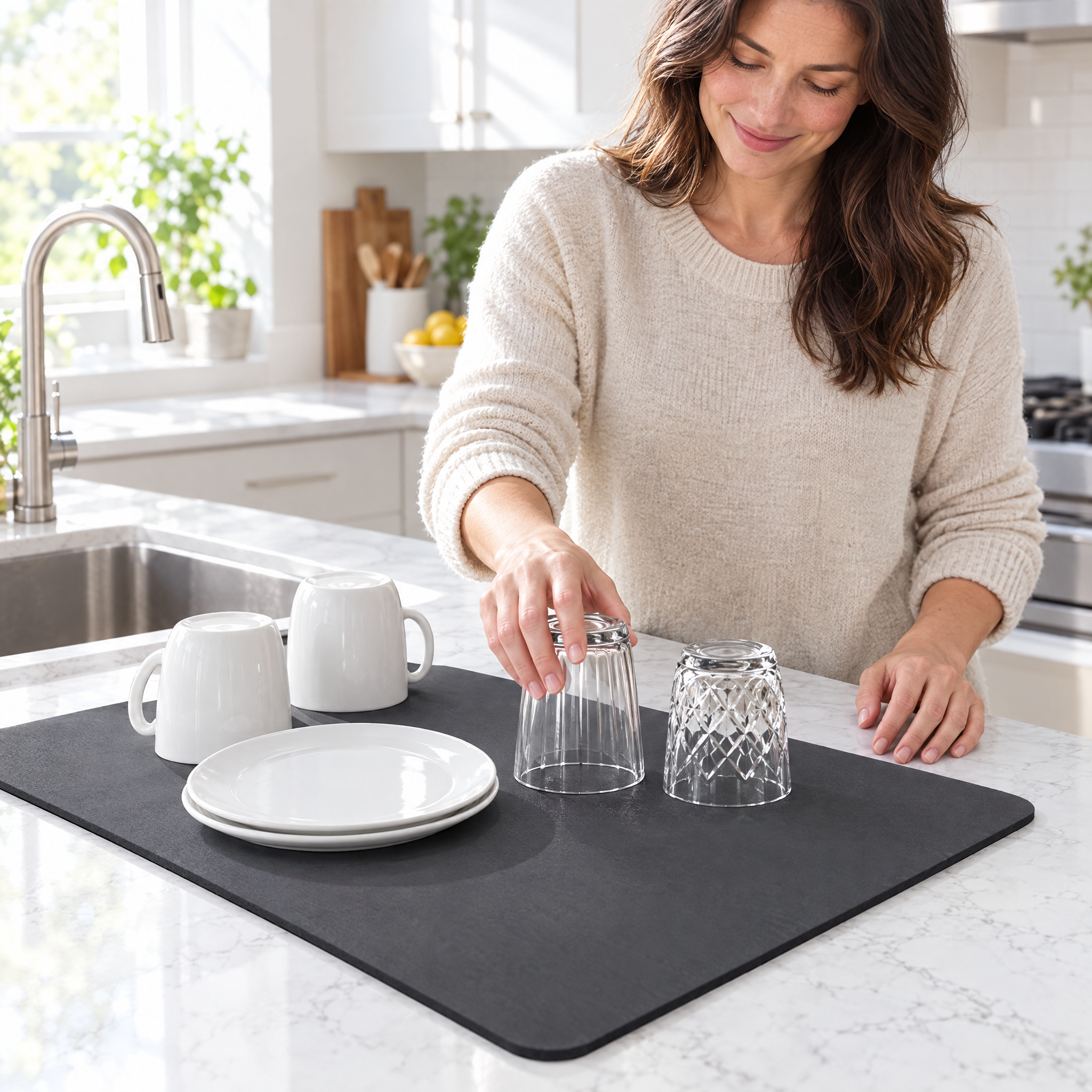 Sorbella stone mat drying dishes next to the sink